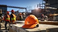 Construction helmet rests on a dusty surface with a blurred backdrop of a construction site. AI generated Royalty Free Stock Photo