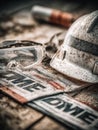Construction Helmet and Safety Goggles on a Weathered Workbench Surrounded by Tools and Equipment During a Busy Workday Royalty Free Stock Photo