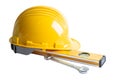 Construction helmet and tools for engineering work project on white background Royalty Free Stock Photo