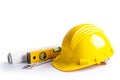Construction helmet and tools for engineering work project on white background with clipping path Royalty Free Stock Photo