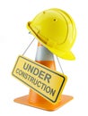 Construction helmet on traffic cone and signboard