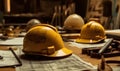 Construction helmets and blueprints on the table