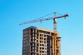 Construction of high panel building, construction crane on a background of blue sky: Ufa, Russia - May 30, 2019