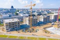 Construction of high-rise residential building. Aerial view of construction of high-rise apartment building. Warsaw Wilanow