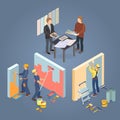 Construction or home repairs concept. Isometric Workers, tools. Vector. Royalty Free Stock Photo