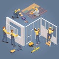 Construction or home repairs concept. Isometric Workers, tools. Vector. Royalty Free Stock Photo