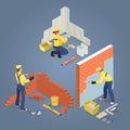 Construction or home repairs concept. Isometric Workers, tools. Vector. Royalty Free Stock Photo