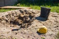 Construction of a house, sand and children`s toys