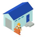 Construction icon isometric vector. Worker laying brick near utility building