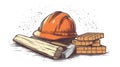 Construction Illustration, Hard Hat, Bricks, Wood, and Hammer Royalty Free Stock Photo