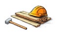 Construction Illustration Lumber Wood Hammer Hard Hat Safety Royalty Free Stock Photo