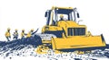Construction Illustration Yellow Bulldozer and Workers Royalty Free Stock Photo