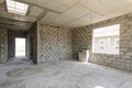 Construction of an individual residential building, view of a spacious room with a large window opening and a corridor Royalty Free Stock Photo