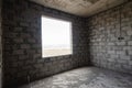 Construction of an individual residential building, wall view with a square large window opening