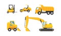 Construction and Industrial Vehicles Set, Excavator, Forklift, Truck, Tractor Cartoon Vector Illustration