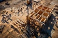 Construction industry concept. Timber wooden frame of house from bar, foundations of villas. Aerial top view Royalty Free Stock Photo