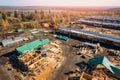 Construction industry concept. Timber wooden frame of house from bar, foundations of villas. Aerial top view Royalty Free Stock Photo