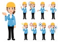 Construction industry, woman in blue work clothes, a set of 9 poses