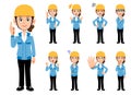 Construction industry, Woman in blue work clothes, Set of 9 poses