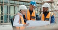 Construction, inspection and clipboard, black man and woman discussion, construction site with scaffolding and building Royalty Free Stock Photo