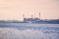 Construction of an international cable car terminal in Heihe, China. View from the embankment of the Amur River in the