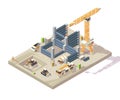 Construction isometric. Outdoor building high appartment construction workers vehicles yellow cars crane transporter