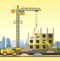 Construction of large city buildings. Residential houses and industrial objects. Lifting crane. Morning. Modern