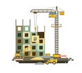 Construction of large city buildings. Residential houses and industrial objects. Symbol. Lifting crane. Modern technologies and