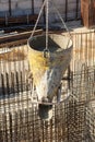 Construction of a large commercial building. Cement supply on the background of a construction site with associated armature.