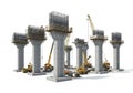 Construction of large concrete pillars for a bridge or overpass with cranes and machinery Royalty Free Stock Photo