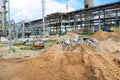 Construction of a large new industrial refinery petrochemical chemical plant with installations and pipelines, power iron and