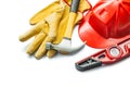 Construction level red helmet claw hammer work gloves isolated on white Royalty Free Stock Photo