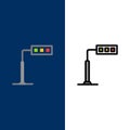 Construction, Light, Tower, Road Icons. Flat and Line Filled Icon Set Vector Blue Background