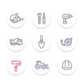 Construction line icons, construction equipment and tools linear signs, pictograms, round icons set