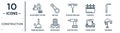 construction linear icon set. includes thin line adjustment system, pickaxes drilling, hex key, big building, crane truck,