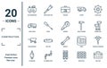 construction linear icon set. includes thin line air compressor, dump truck, wheelbarrow, plumb bob, tool box, grinder, hydraulic
