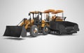 Construction machinery asphalt spreader machine and wheel bulldozer working 3D rendering on gray background shadow