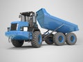 Construction machinery blue dump truck unloads from the trailer 3d rendering on gray background with shadow Royalty Free Stock Photo