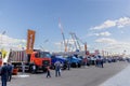 Construction machinery and equipment fair Bauma CCT Russia. Outdoor exposition with Ural and Mercedes trucks and cranes