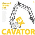 Construction machinery, excavator. Typography set of ground works machines vehicles. Royalty Free Stock Photo