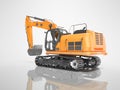 Construction machinery orange large excavator rear view 3D render on gray background with shadow