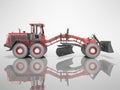 Construction machinery red grader for leveling roads for asphalting 3D render on gray background with shadow