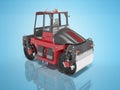 Construction machinery red road roller for asphalt paving 3d render on blue background with shadow