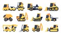 Construction machinery. Road building heavy equipment, digger excavator crane heavy truck dump, industrial engineering
