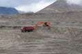 Construction machinery works on quarry mining in the Khibiny mountains, Kola Peninsula