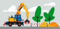 Construction machinery works at the site. Construction machinery, excavator on the background of a landscape of trees Royalty Free Stock Photo
