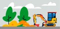 Construction machinery works at the site. Construction machinery, mini excavator, loader on the background of a