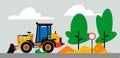 Construction machinery works at the site. Construction machinery, tractor, excavator, loader on the background of a