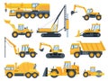 Construction machines. Heavy machinery for build, excavator, bulldozer, truck, tractor and crane vehicle. Building equipment flat Royalty Free Stock Photo