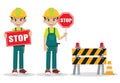 Construction man showing stop road sign. Royalty Free Stock Photo